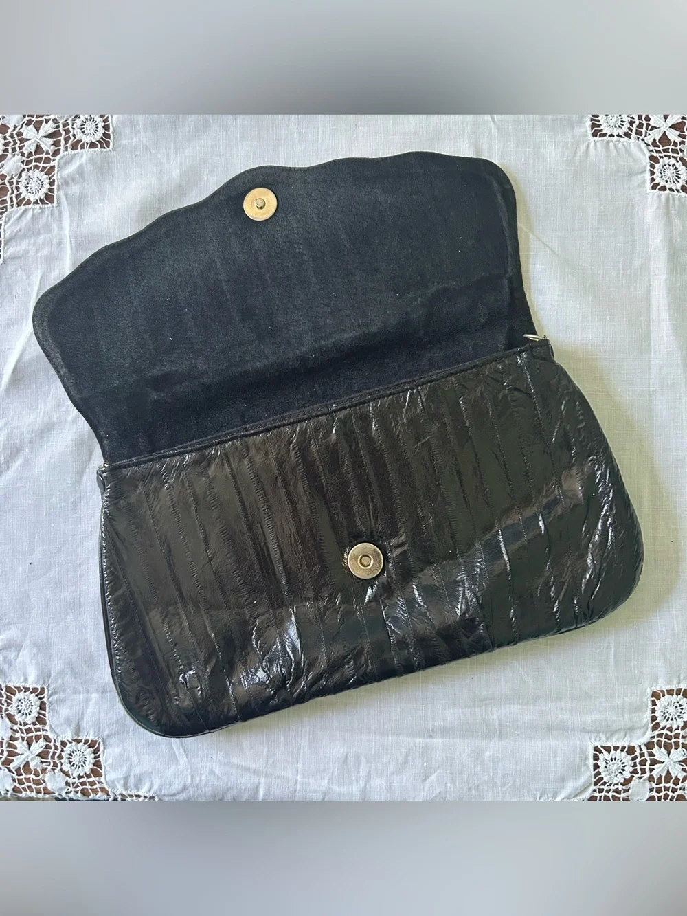 Genuine Eel Skin Black Fold-Over Clutch Wristlet